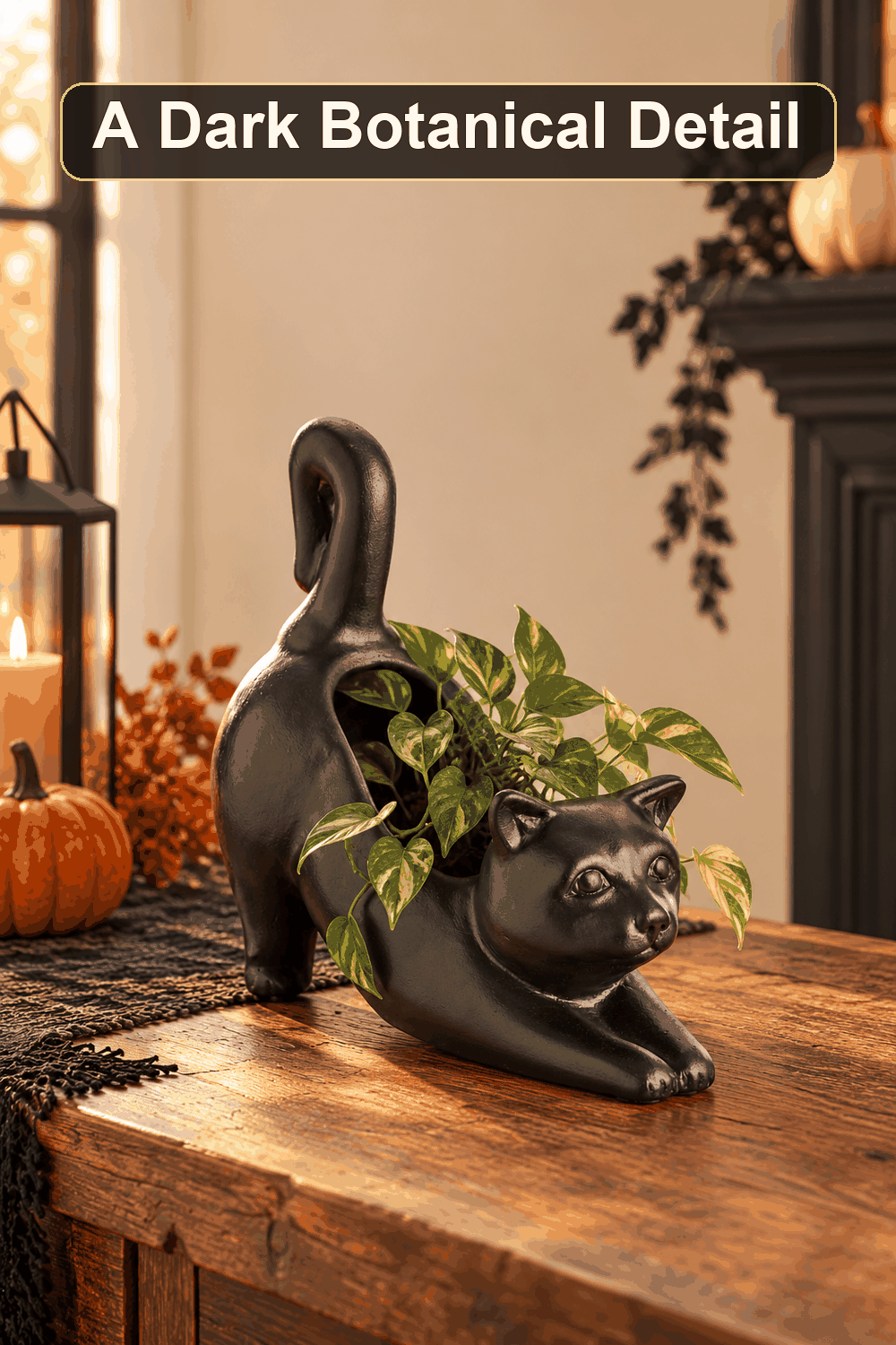 Styled Halloween home scene featuring the Black Cat Planter, 12", with the words A Dark Botanical Detail in a dark banner above.