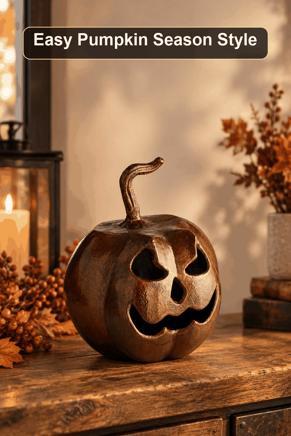 Styled Halloween home scene featuring the Brown Metal Jack-o'-Lantern, 8.5", with the words Easy Pumpkin Season Style in a dark banner above.