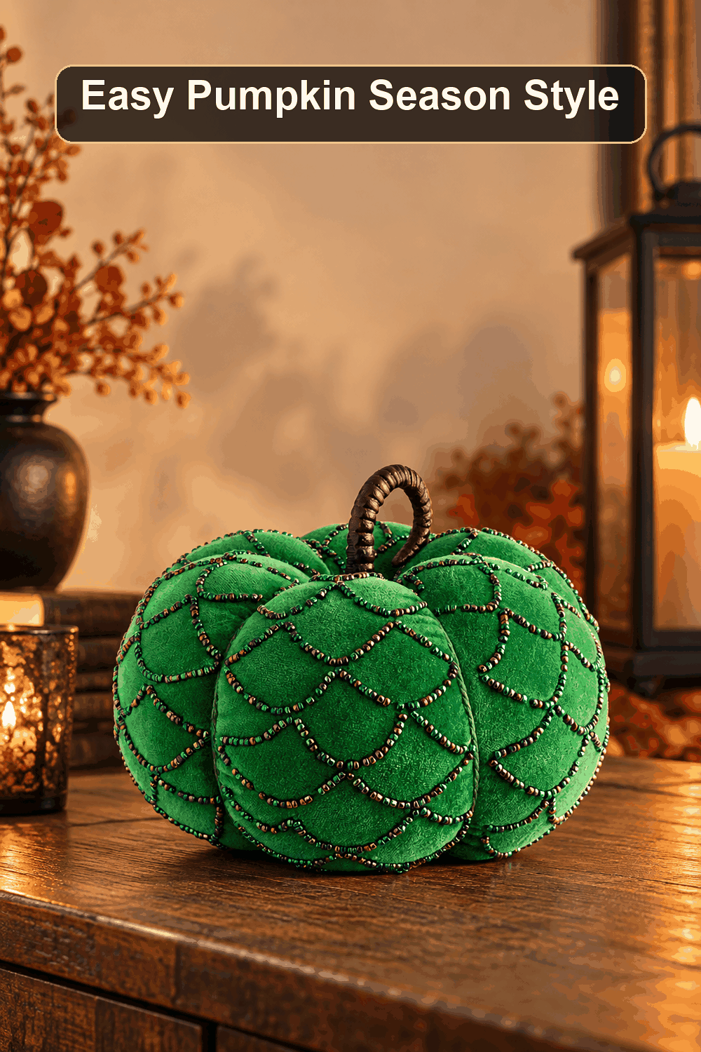 Styled Halloween home scene featuring the Green Fabric Pumpkin with Metal Stem, 8", with the words Easy Pumpkin Season Style in a dark banner above.