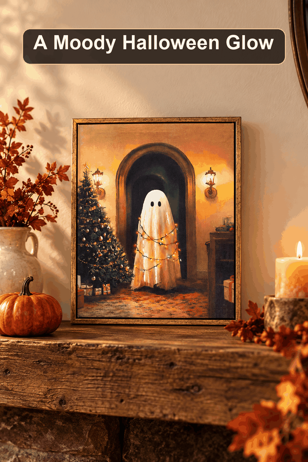 Styled Halloween home scene featuring the LED Ghost Lights Wall Art, 11x14, with the words A Moody Halloween Glow in a dark banner above.
