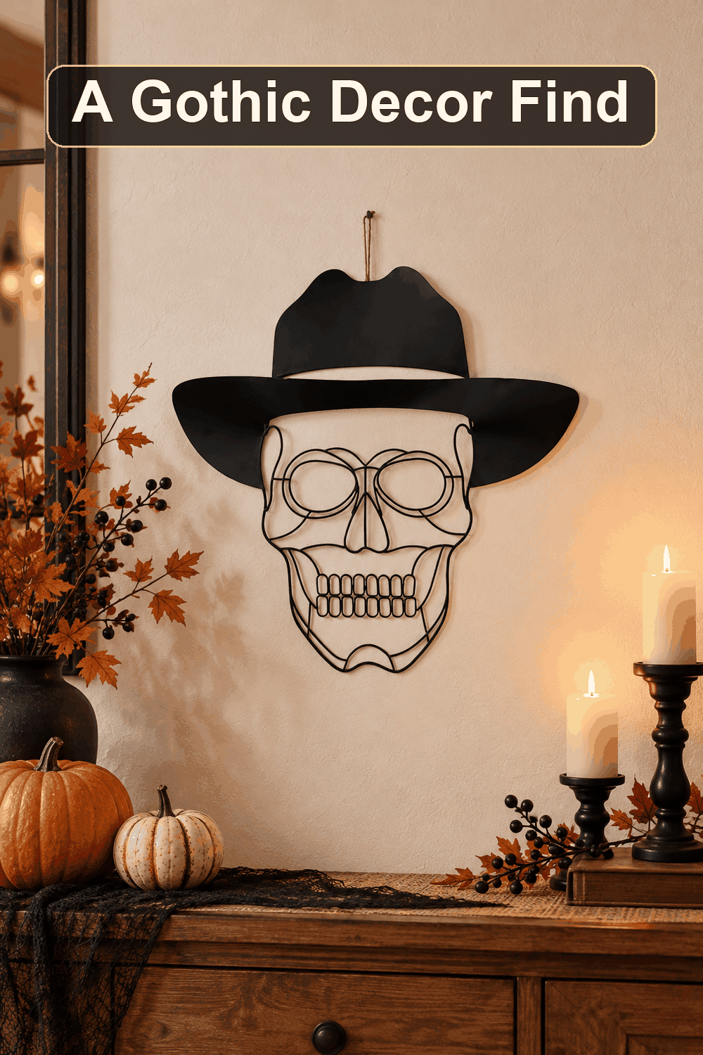 Styled Halloween home scene featuring the Metal Skull Decor, 24", with the words A Gothic Decor Find in a dark banner above.