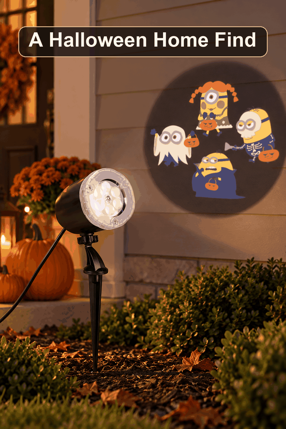 Styled Halloween home scene featuring the Minions Motion Projection Light, 11.7", with the words A Halloween Home Find in a dark banner above.