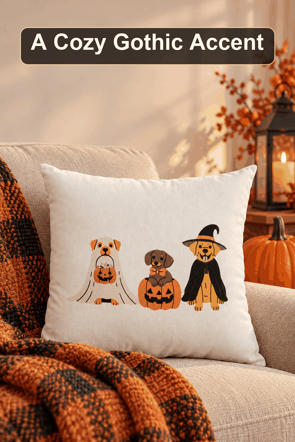 Styled Halloween home scene featuring the Orange Trick or Treat Dogs Pillow, 16", with the words A Cozy Gothic Accent in a dark banner above.