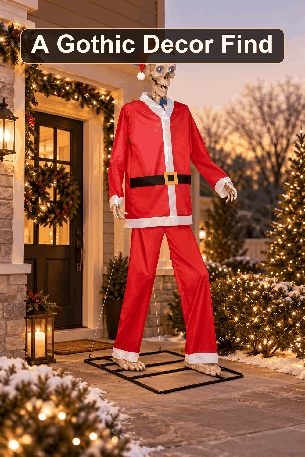 Styled Halloween home scene featuring the Santa Costume for 10' Posable Skeleton, with the words A Gothic Decor Find in a dark banner above.