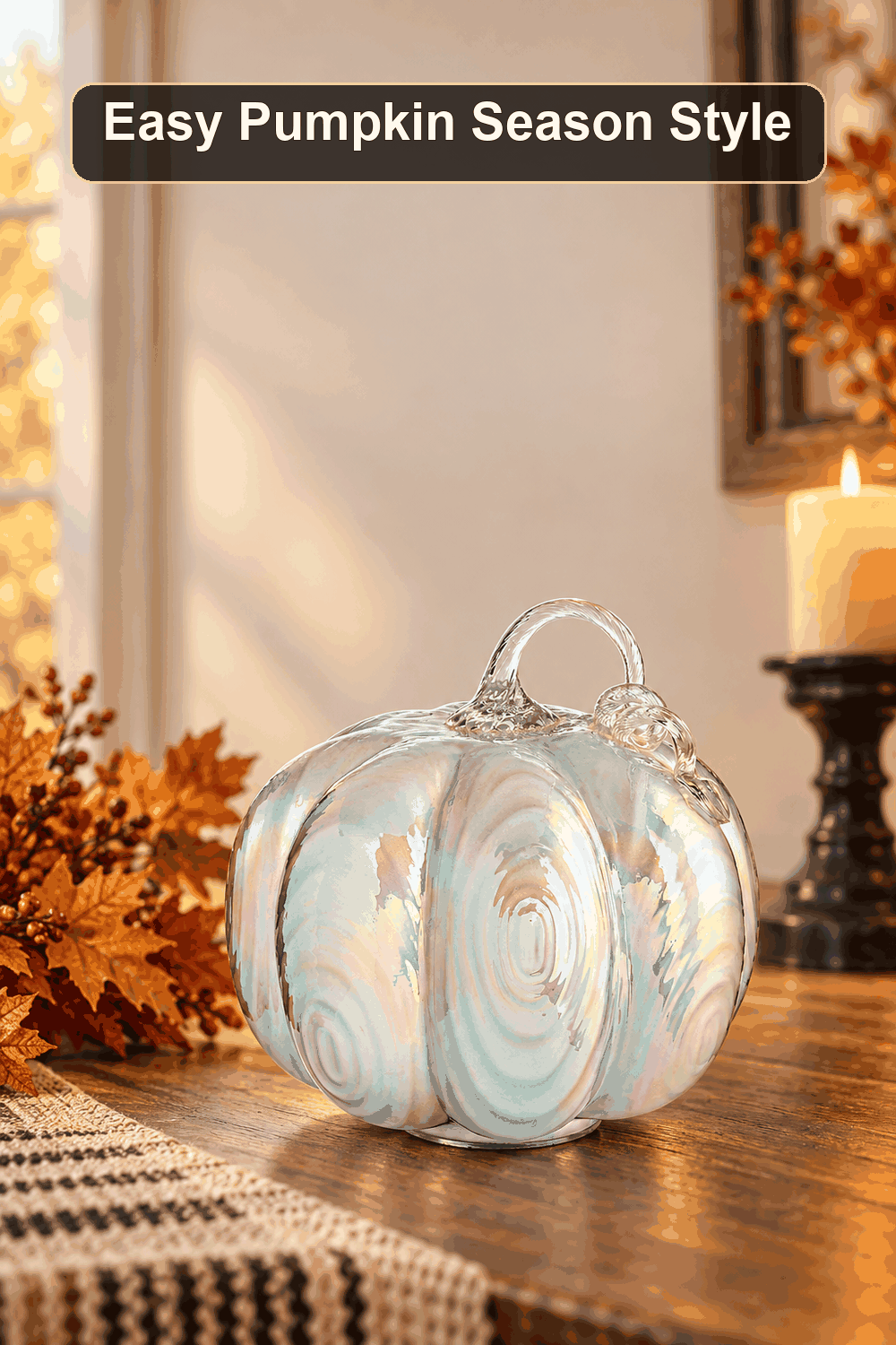 Styled Halloween home scene featuring the Silver Glass Pumpkin, 9.5", with the words Easy Pumpkin Season Style in a dark banner above.