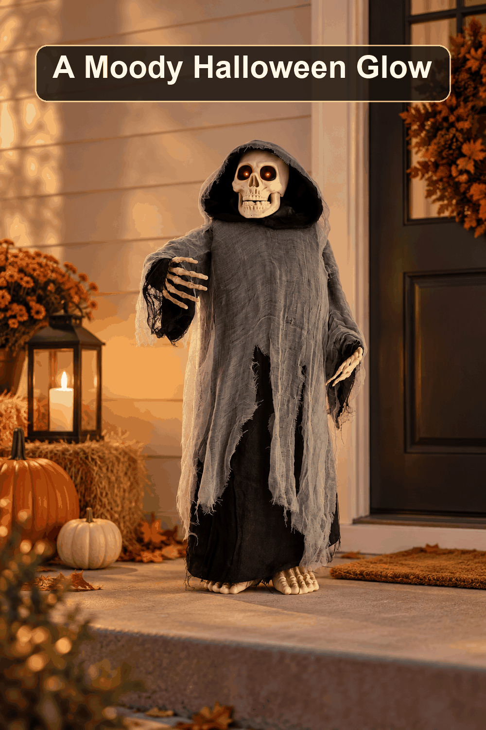 Styled Halloween home scene featuring the Animated Reaper with LED Lights, 3', with the words A Moody Halloween Glow in a dark banner above.