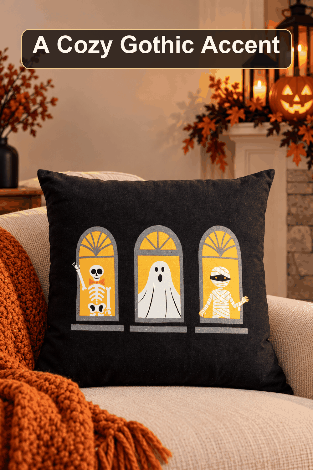 Styled Halloween home scene featuring the Black Halloween Windows Pillow, 16", with the words A Cozy Gothic Accent in a dark banner above.