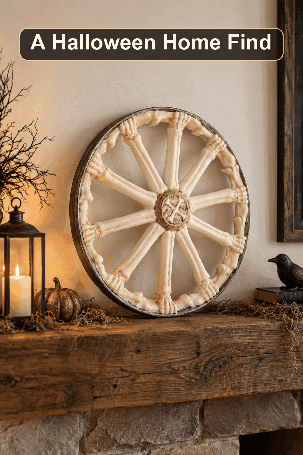 Styled Halloween home scene featuring the Bone Wagon Wheel, 24", with the words A Halloween Home Find in a dark banner above.