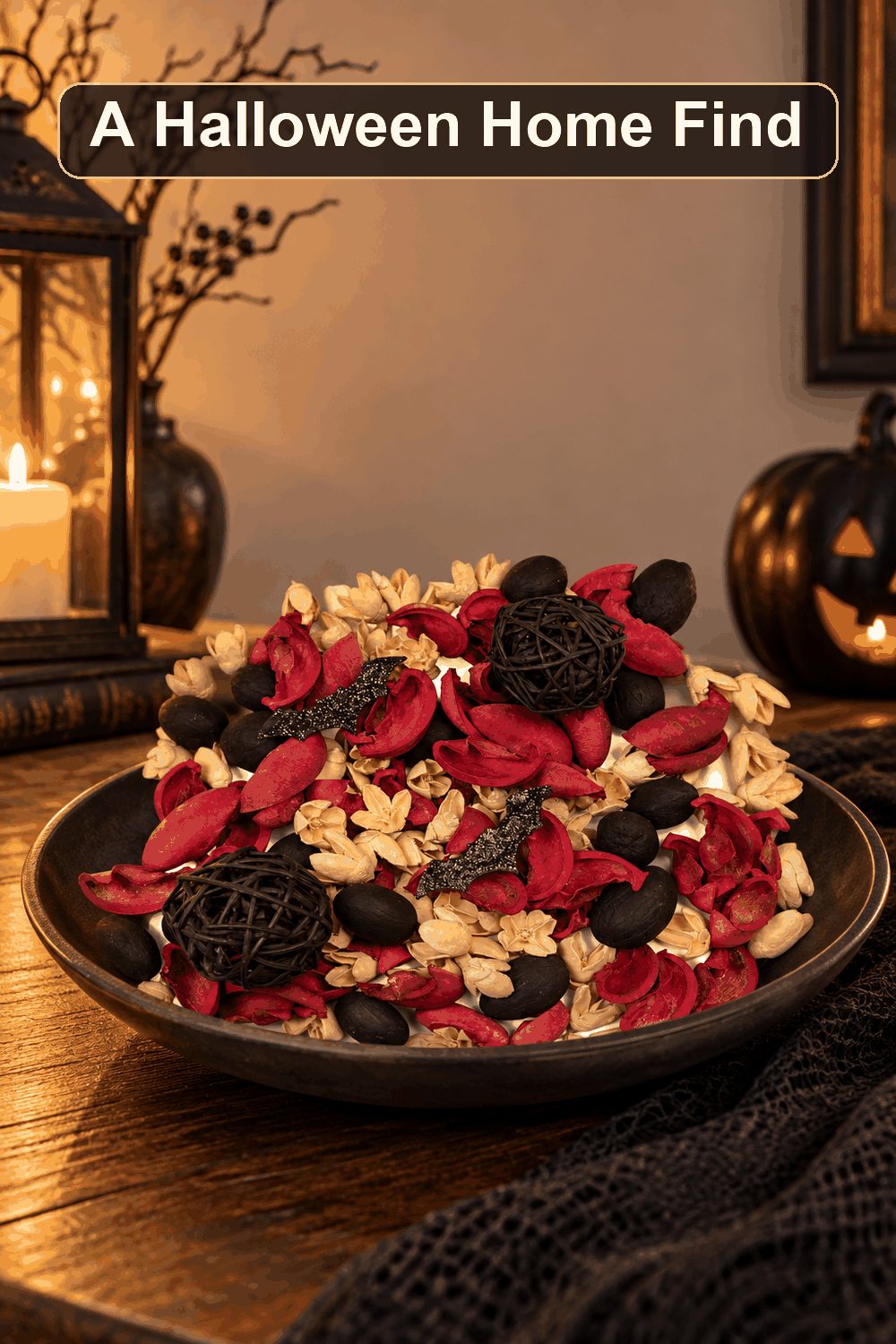 Styled Halloween home scene featuring the Gothic Nights Potpourri, with the words A Halloween Home Find in a dark banner above.