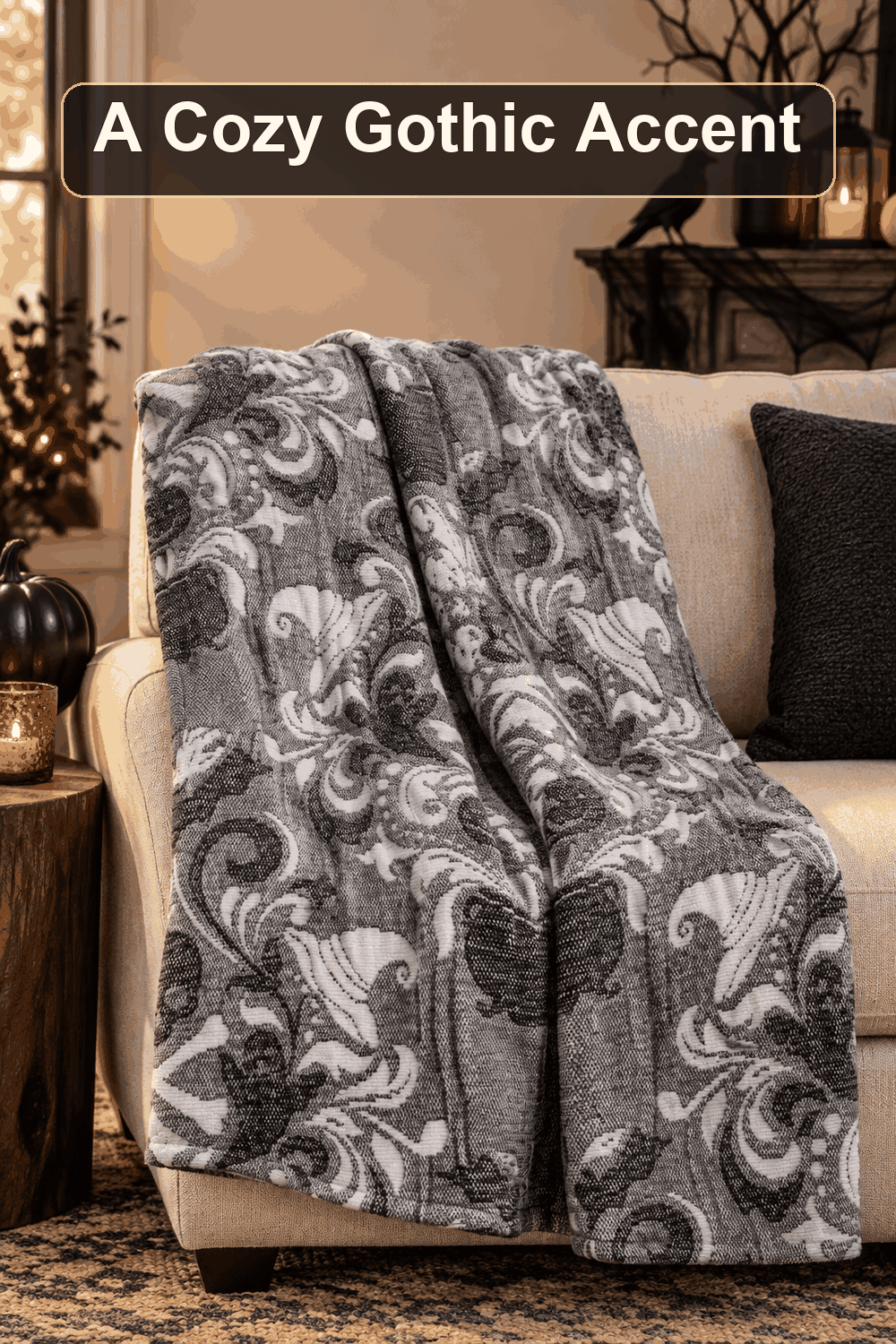 Styled Halloween home scene featuring the Grey Damask Spooky Jacquard Throw Blanket, 50x60, with the words A Cozy Gothic Accent in a dark banner above.