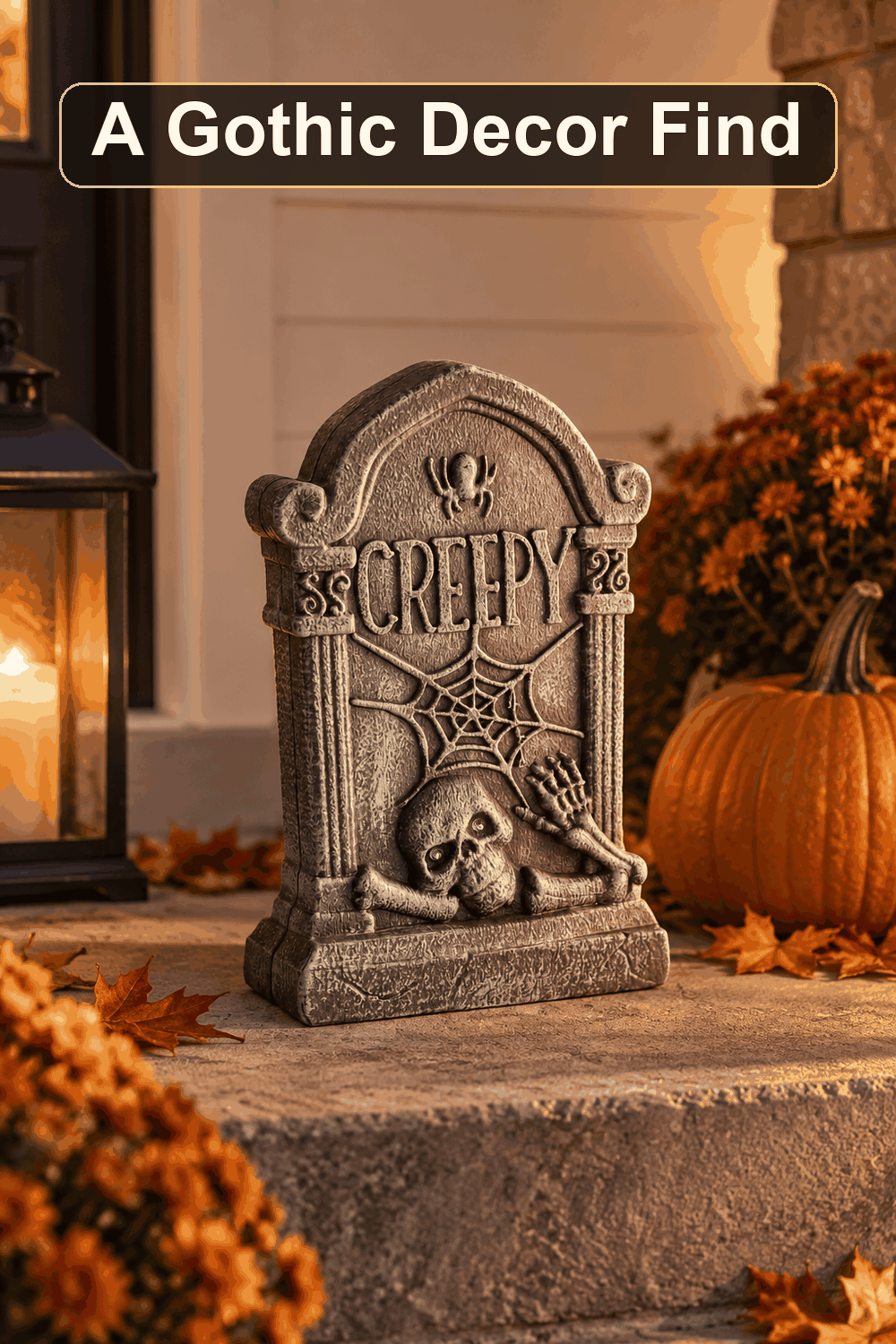 Styled Halloween home scene featuring the Grey Skull Tombstone Blow Mold, 12", with the words A Gothic Decor Find in a dark banner above.
