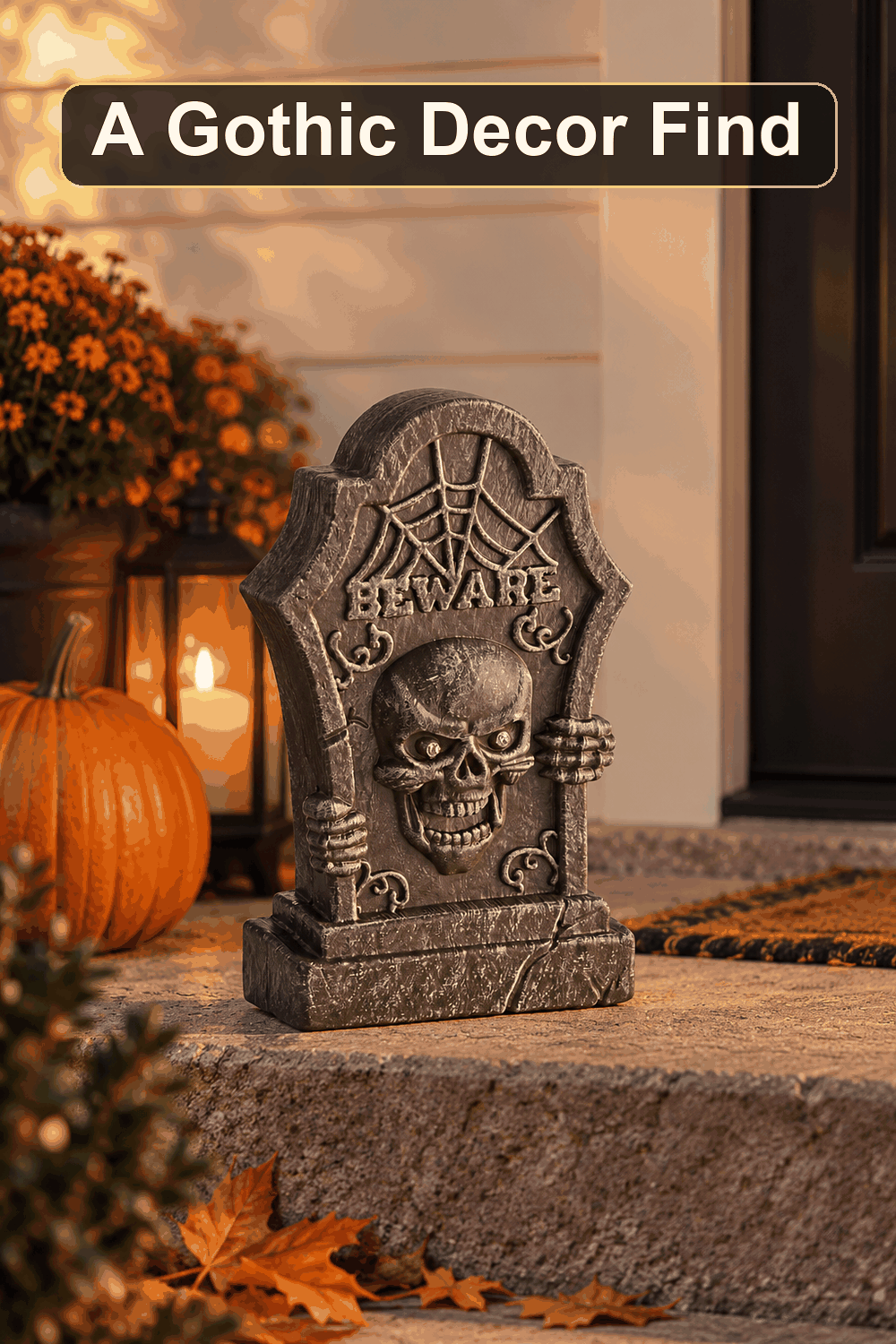 Styled Halloween home scene featuring the Grey Tombstone Blow Mold, 12", with the words A Gothic Decor Find in a dark banner above.