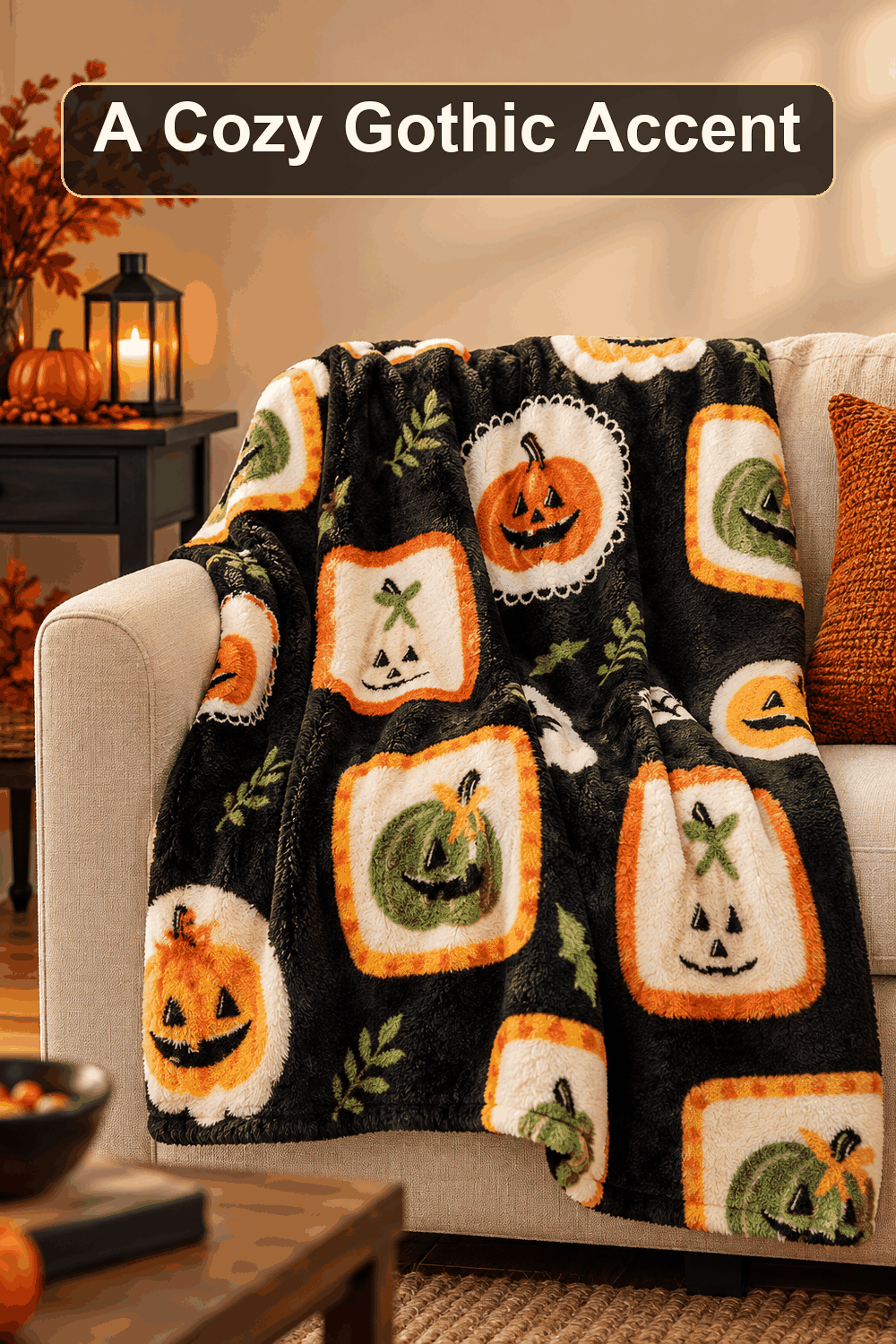 Styled Halloween home scene featuring the Jack-o'-Lantern Frames Throw Blanket, 50x60, with the words A Cozy Gothic Accent in a dark banner above.