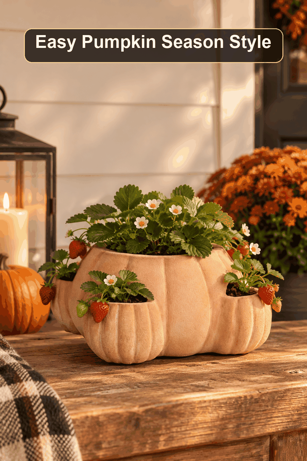 Styled Halloween home scene featuring the Pumpkin Strawberry Planter, 6", with the words Easy Pumpkin Season Style in a dark banner above.
