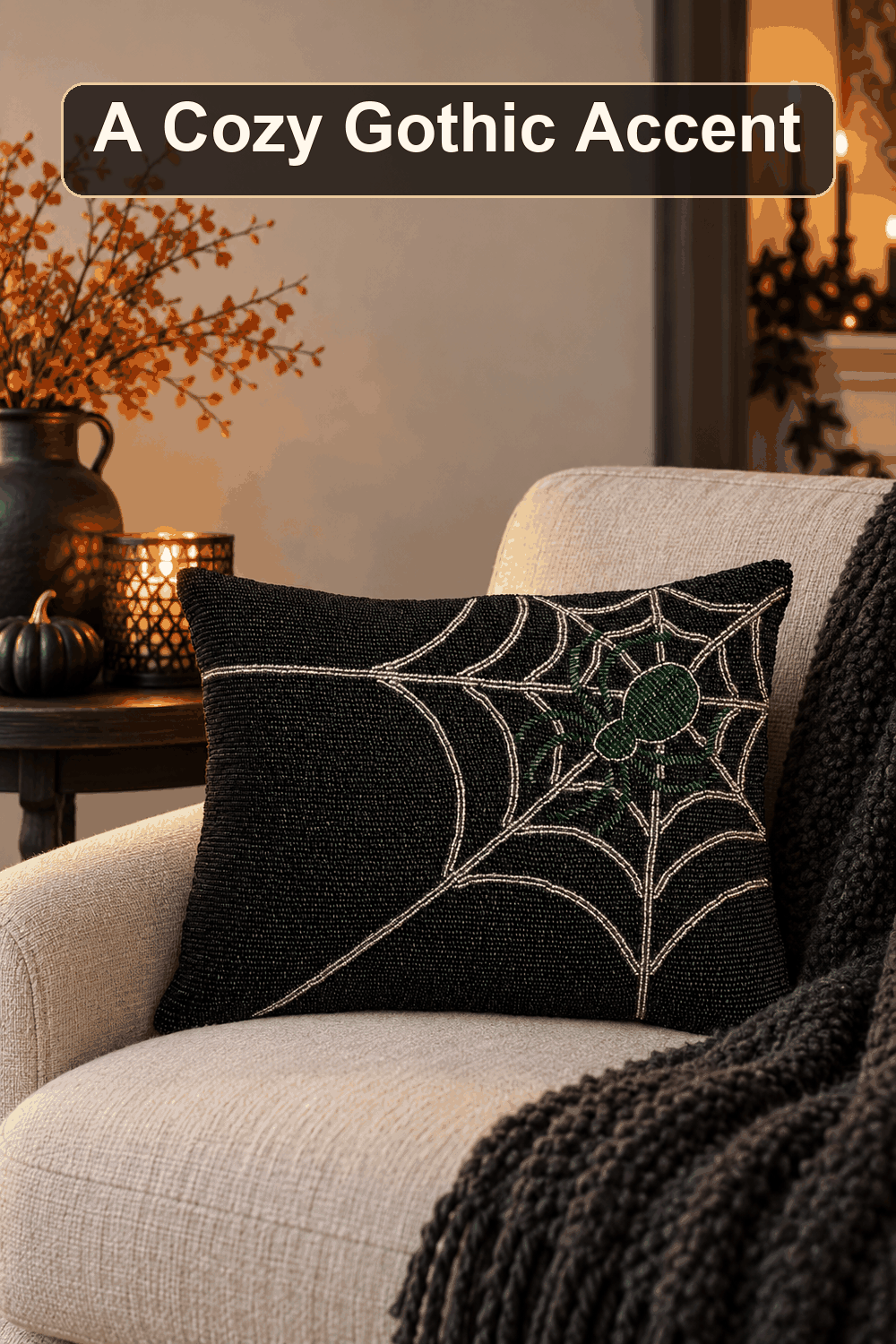Styled Halloween home scene featuring the Spider Web Fully Beaded Throw Pillow, 12x16, with the words A Cozy Gothic Accent in a dark banner above.