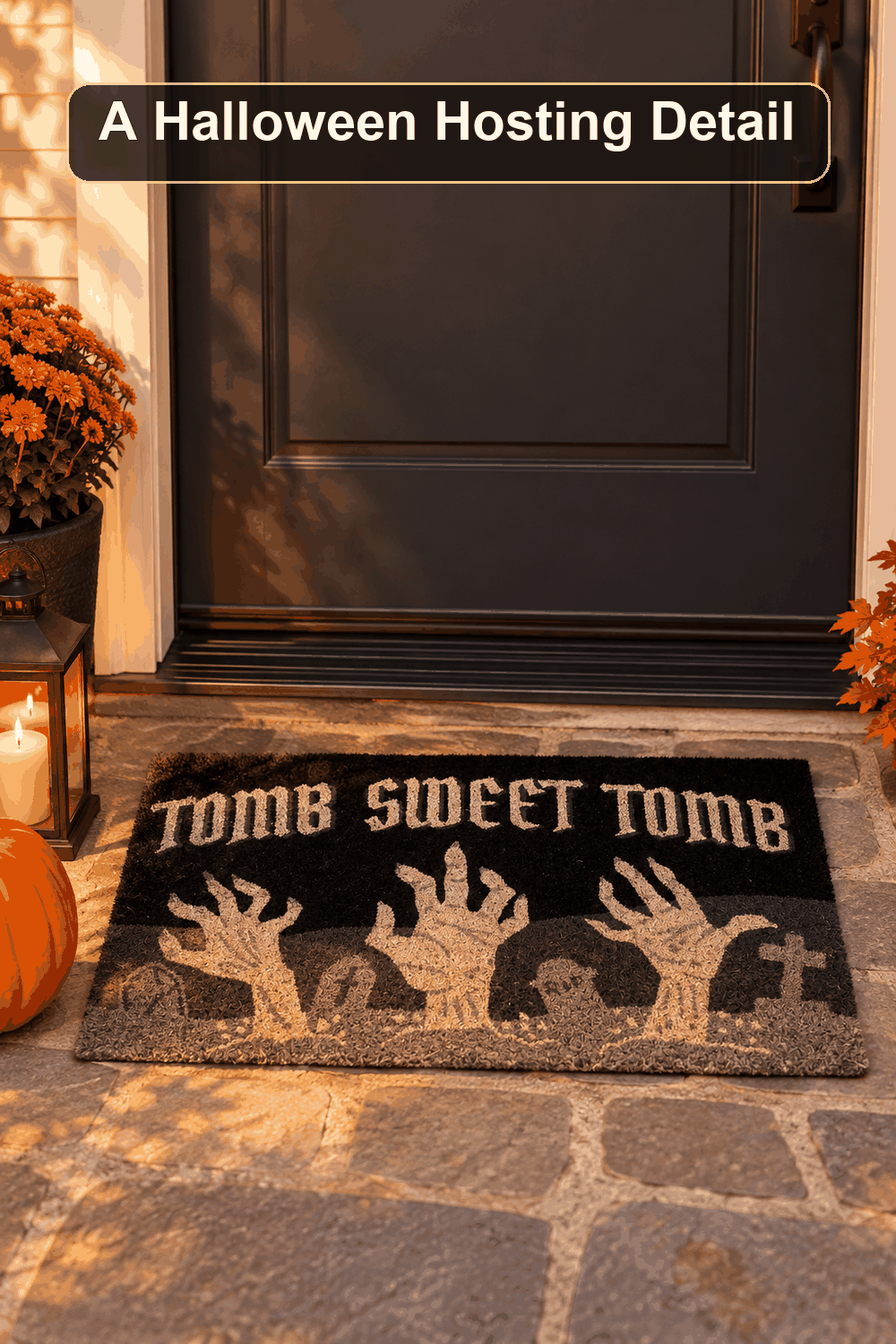 Styled Halloween home scene featuring the Tomb Sweet Tomb Coir Mat, 18x30, with the words A Halloween Hosting Detail in a dark banner above.