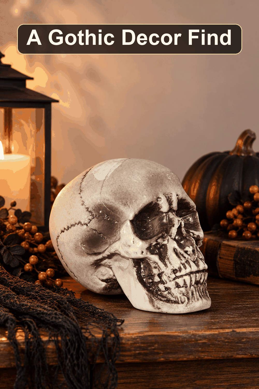 Styled Halloween home scene featuring the Realistic Foam Halloween Skull, 7", with the words A Gothic Decor Find in a dark banner above.