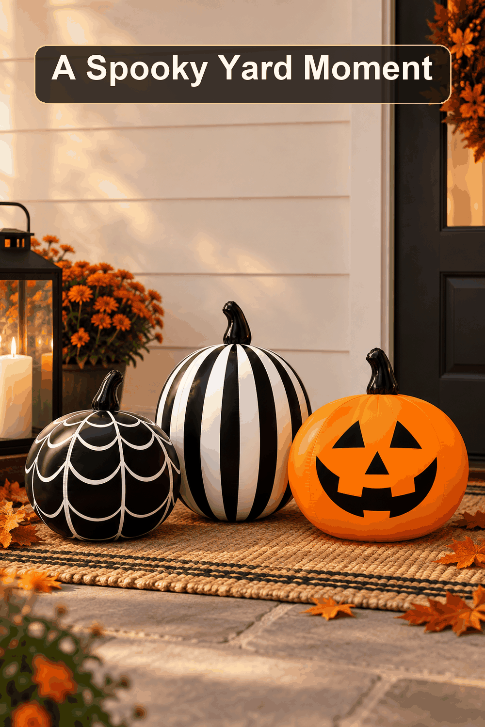 Styled Halloween home scene featuring the 3-Count Inflatable Pumpkin Set, 14", with the words A Spooky Yard Moment in a dark banner above.