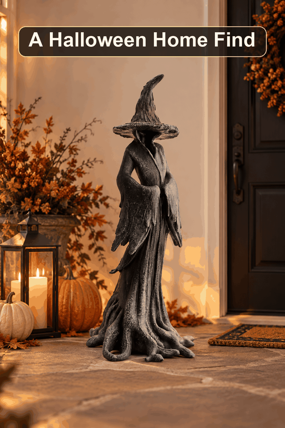 Styled Halloween home scene featuring the Phantom Witch, 42", with the words A Halloween Home Find in a dark banner above.