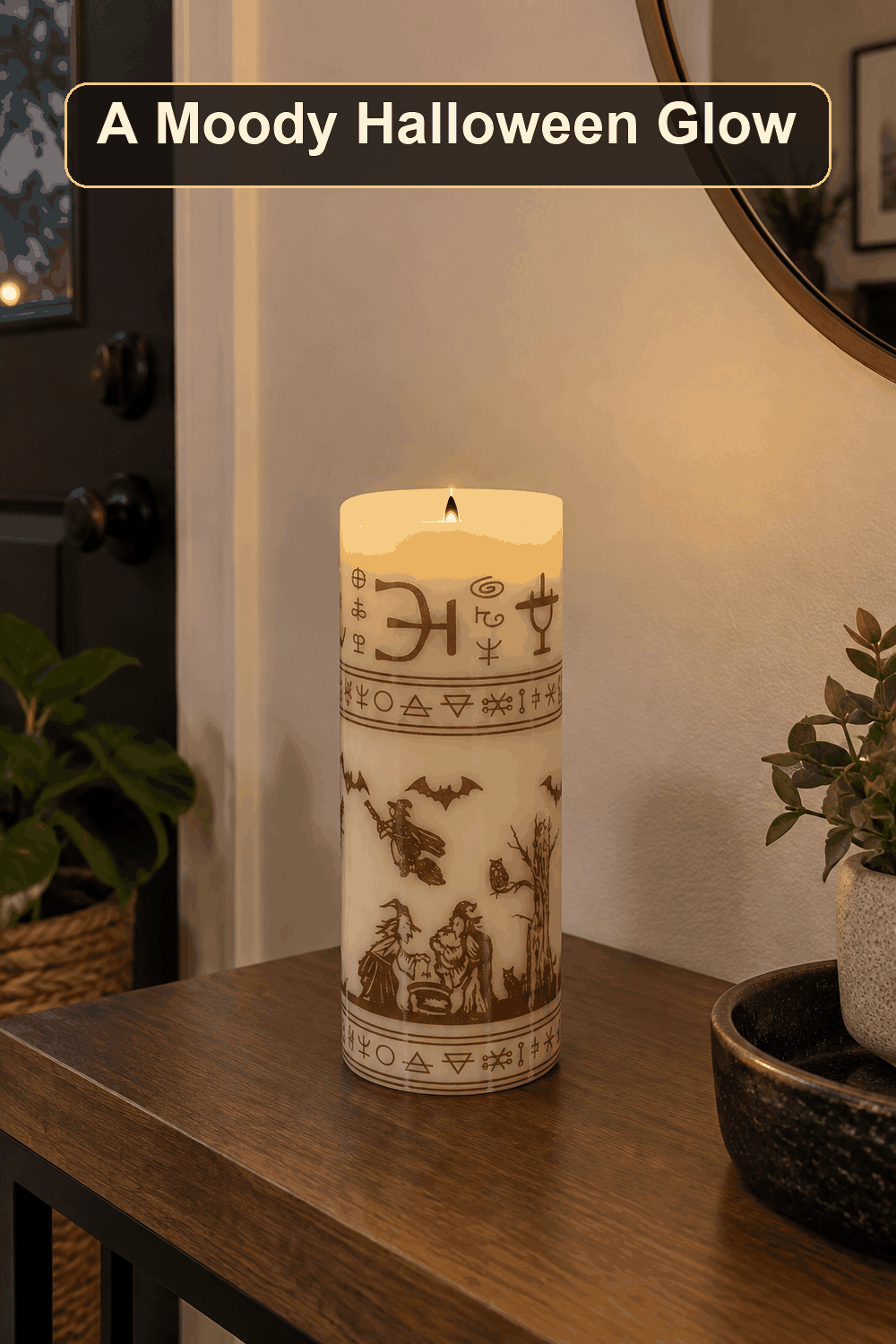 Styled Halloween home scene featuring the LED Black Flame Candle, 8", with the words A Moody Halloween Glow in a dark banner above.