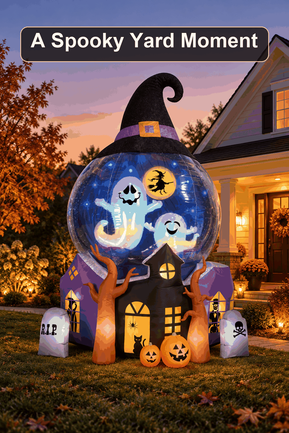 Styled Halloween home scene featuring the Ghostly Globe Halloween Inflatable, 12', with the words A Spooky Yard Moment in a dark banner above.