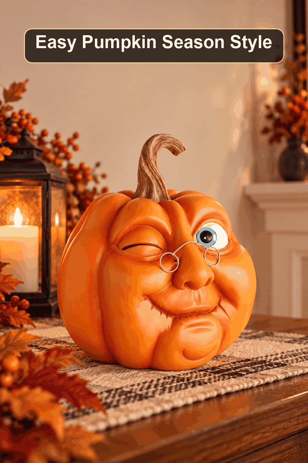 Styled Halloween home scene featuring the Orange Resin Character Pumpkin, 10.6", with the words Easy Pumpkin Season Style in a dark banner above.
