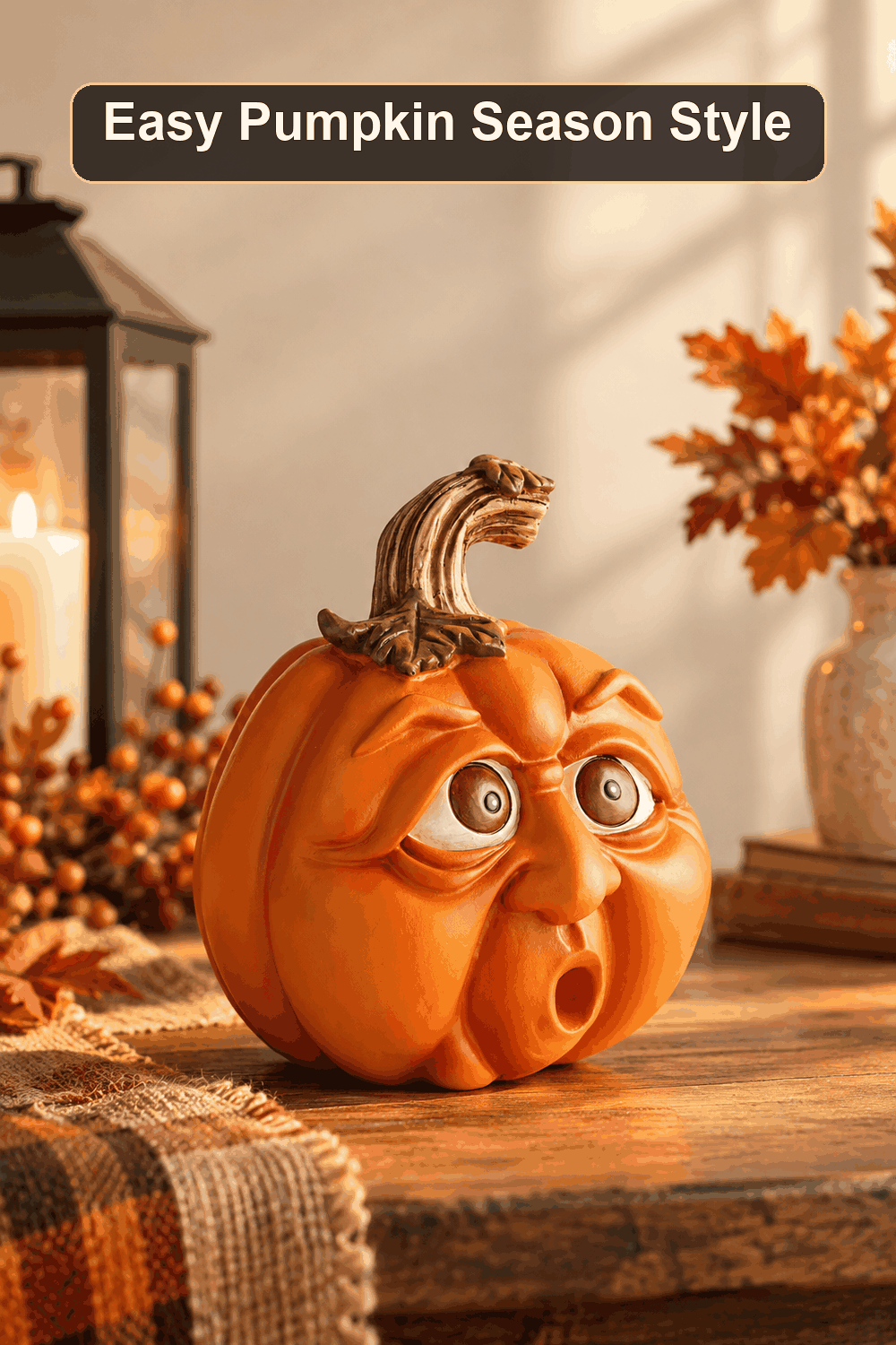 Styled Halloween home scene featuring the Polyresin Character Pumpkin, with the words Easy Pumpkin Season Style in a dark banner above.