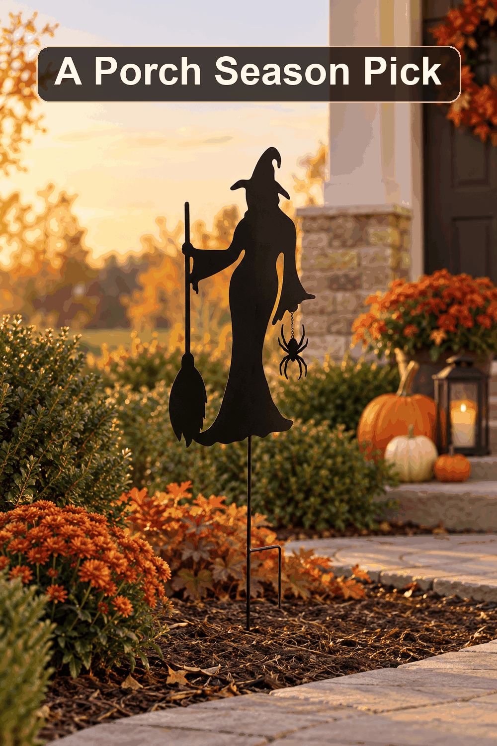 Styled Halloween home scene featuring the Witch Yard Stake, 36", with the words A Porch Season Pick in a dark banner above.