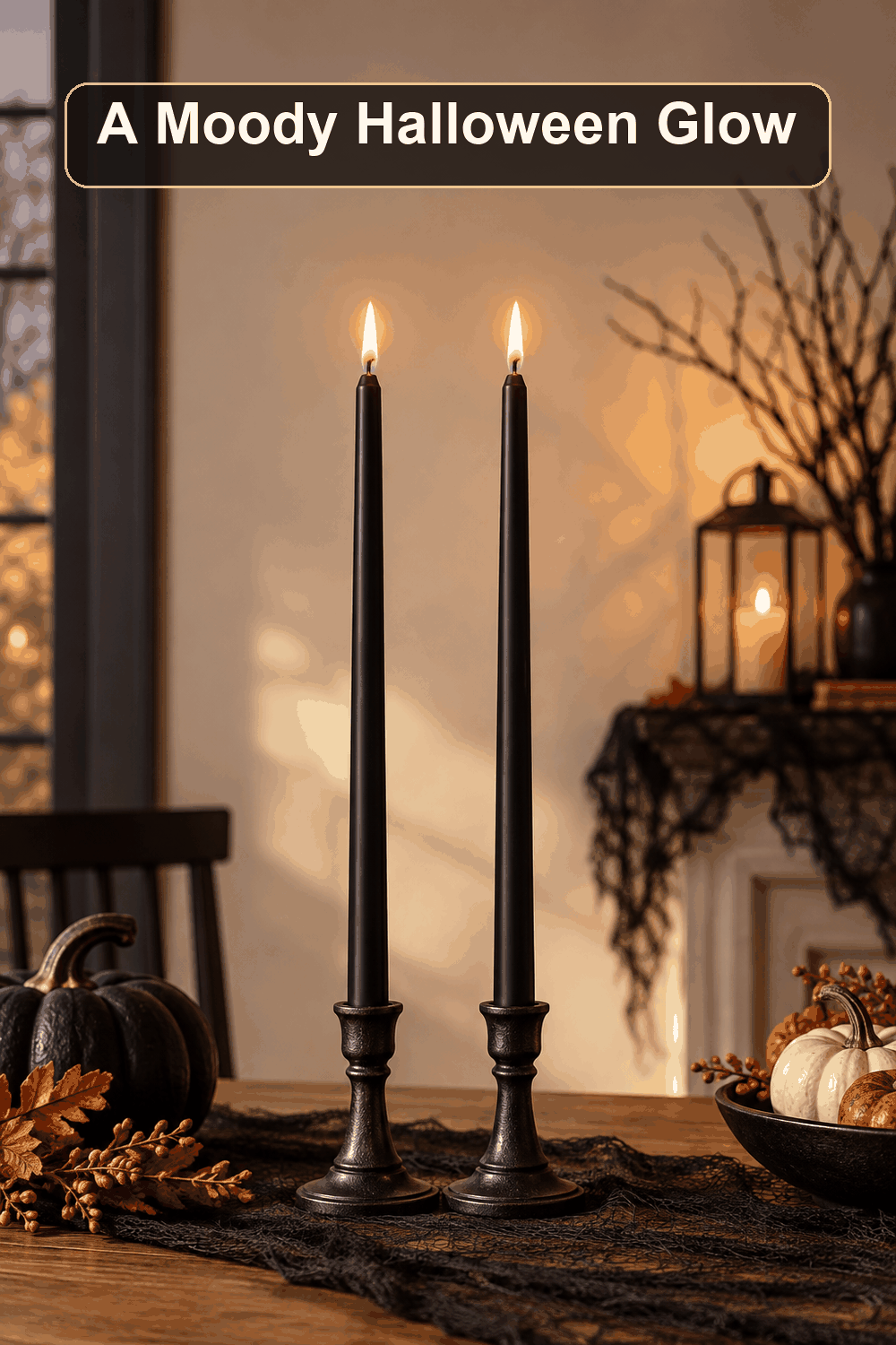 Styled Halloween home scene featuring the 2-Count Black Taper Candles, 16", with the words A Moody Halloween Glow in a dark banner above.
