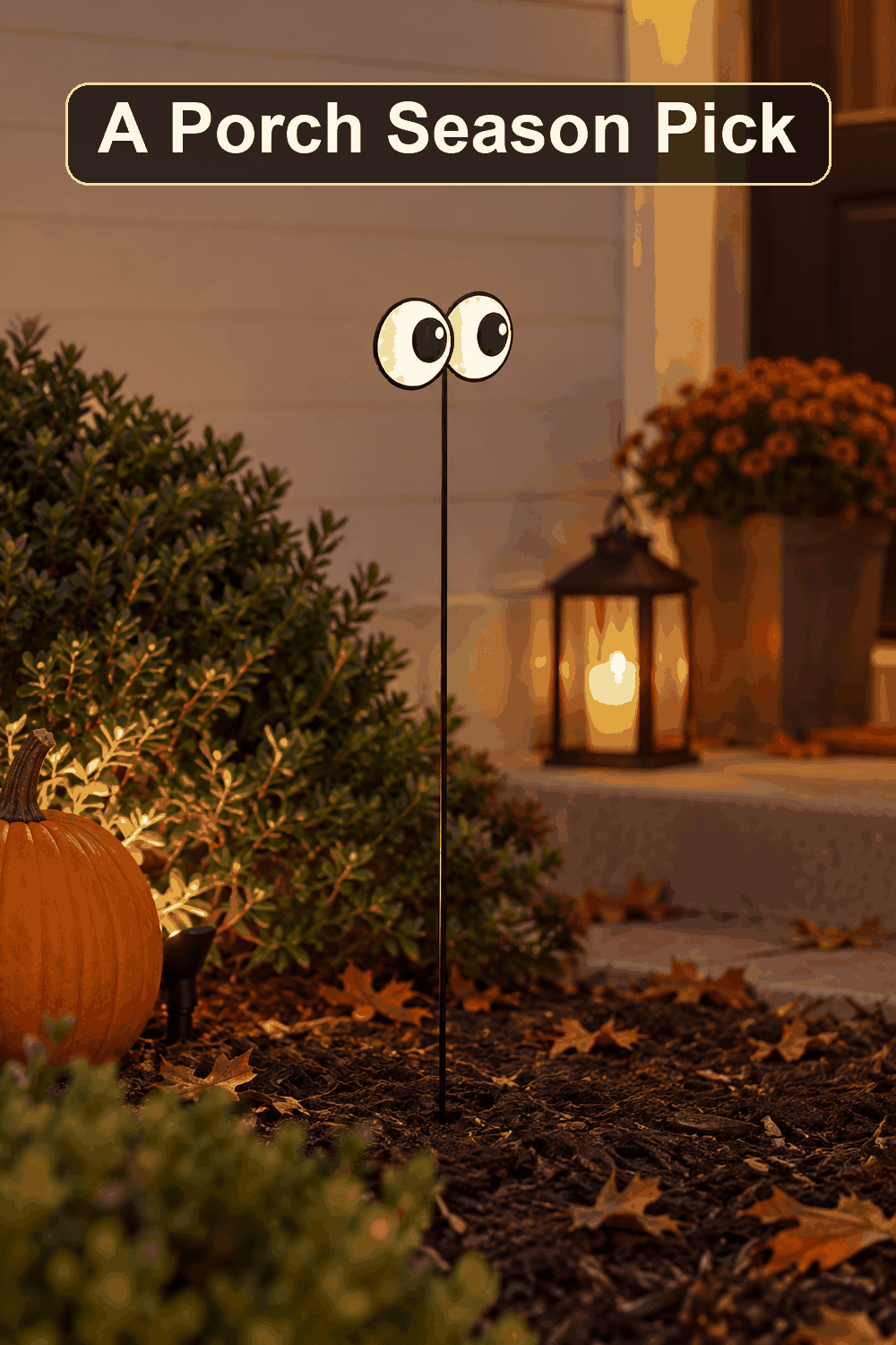 Styled Halloween home scene featuring the Glow in the Dark Eye Yard Stake, 20", with the words A Porch Season Pick in a dark banner above.