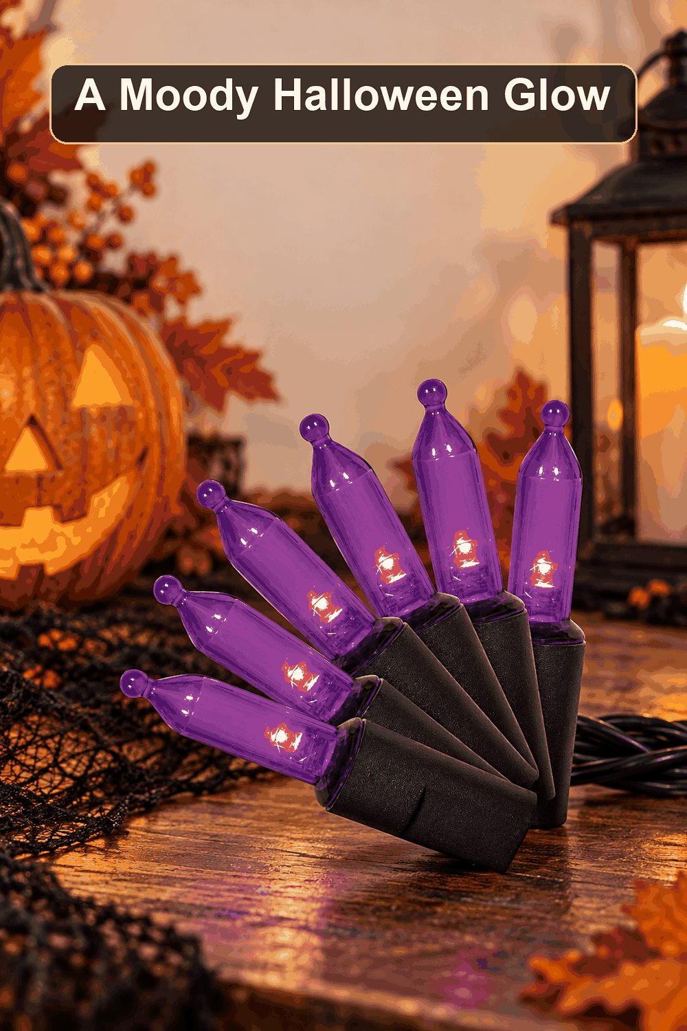 Styled Halloween home scene featuring the 50-Count Mini Twinkle Purple Lights, with the words A Moody Halloween Glow in a dark banner above.