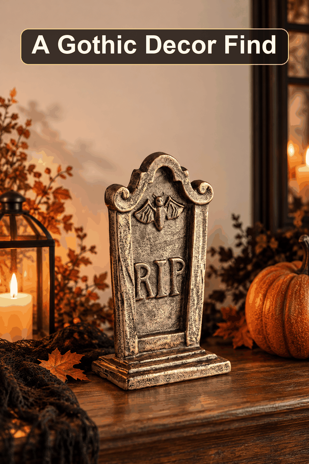 Styled Halloween home scene featuring the Antique Gold Tombstone Décor, 10.2", with the words A Gothic Decor Find in a dark banner above.