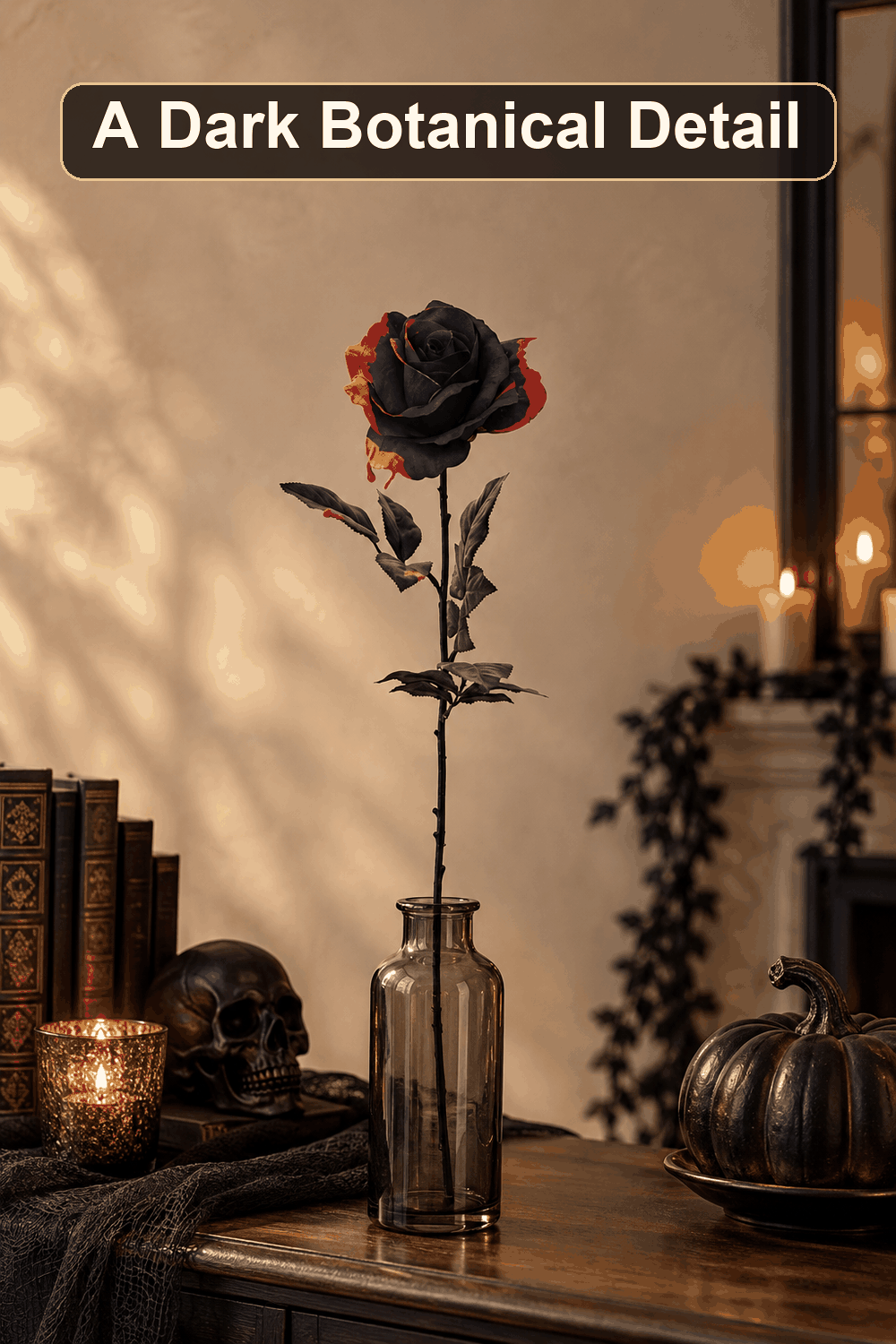Styled Halloween home scene featuring the Black Bloody Rose Stem, 28", with the words A Dark Botanical Detail in a dark banner above.