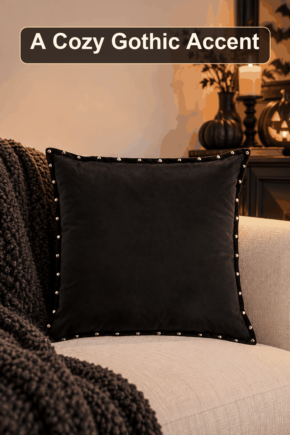 Styled Halloween home scene featuring the Black & Silver Studded Faux Suede Throw Pillow, 18", with the words A Cozy Gothic Accent in a dark banner above.