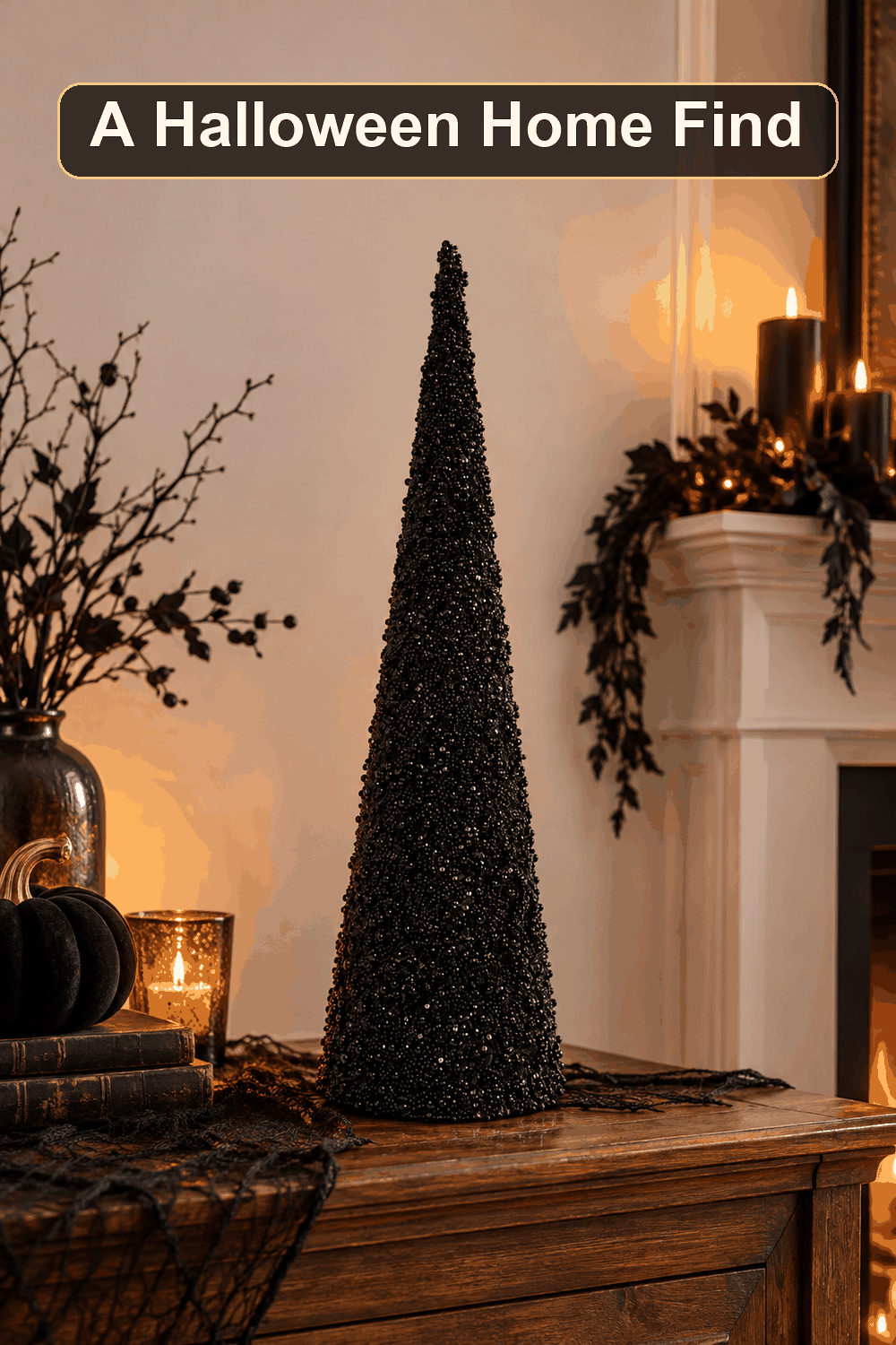 Styled Halloween home scene featuring the Black Glitter Cone Tree, 30", with the words A Halloween Home Find in a dark banner above.