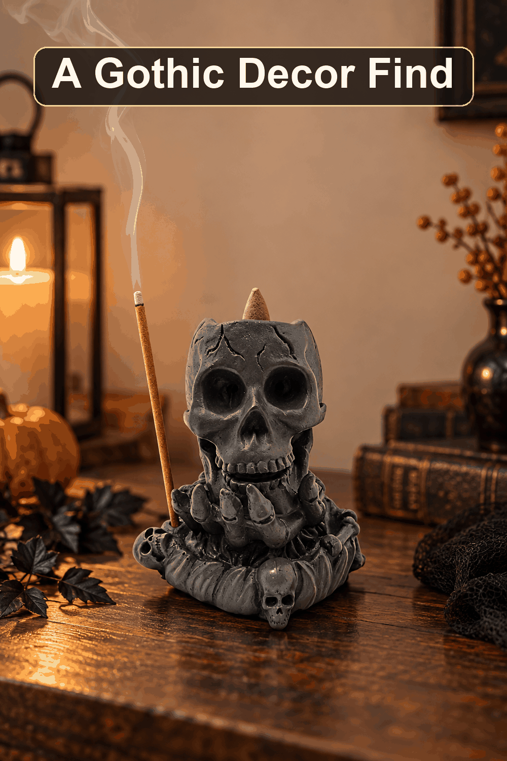 Styled Halloween home scene featuring the Black Halloween Skull Incense Holder, 5", with the words A Gothic Decor Find in a dark banner above.