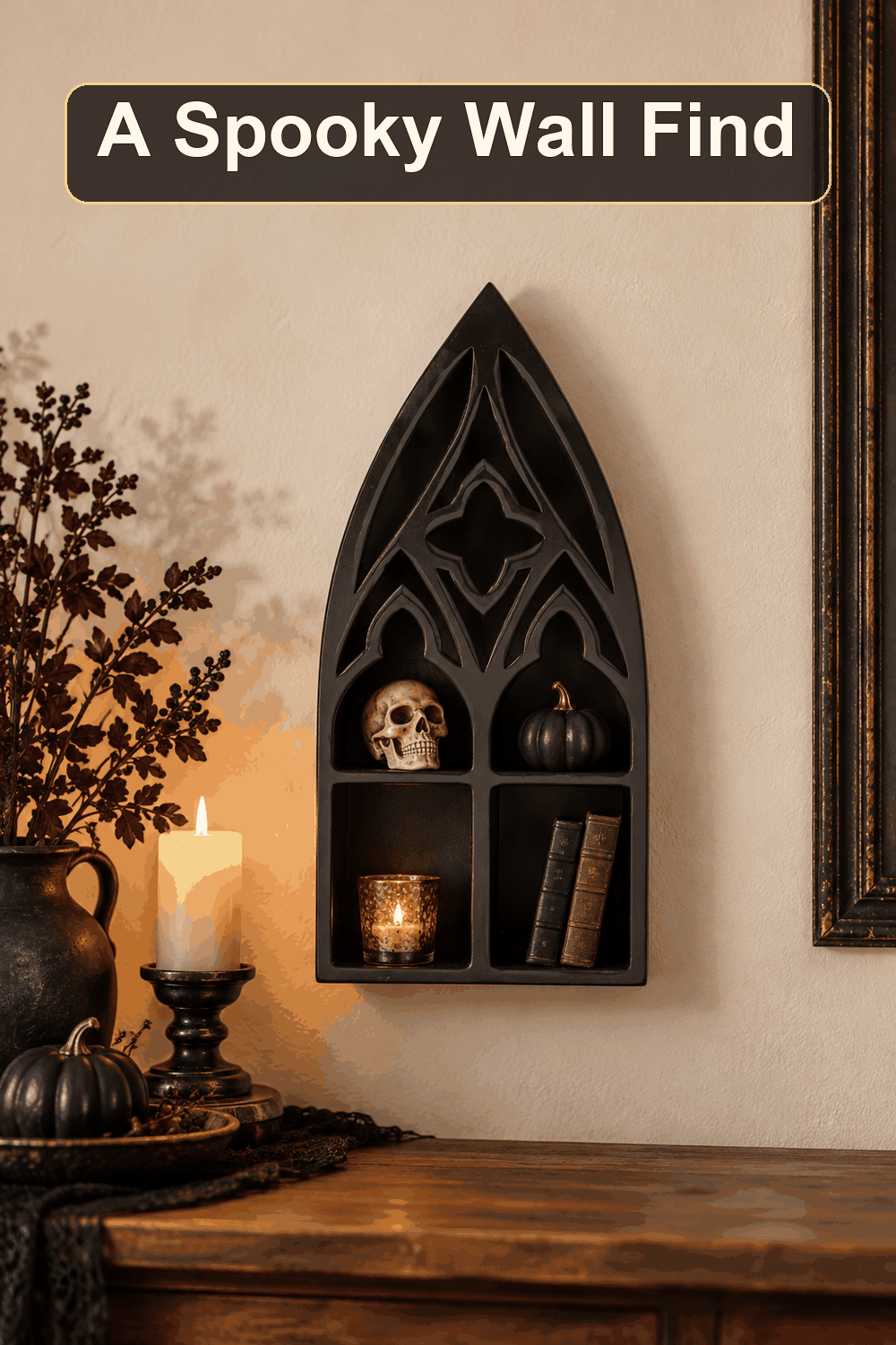 Styled Halloween home scene featuring the Black Gothic Arch Wall Shelf, 14", with the words A Spooky Wall Find in a dark banner above.