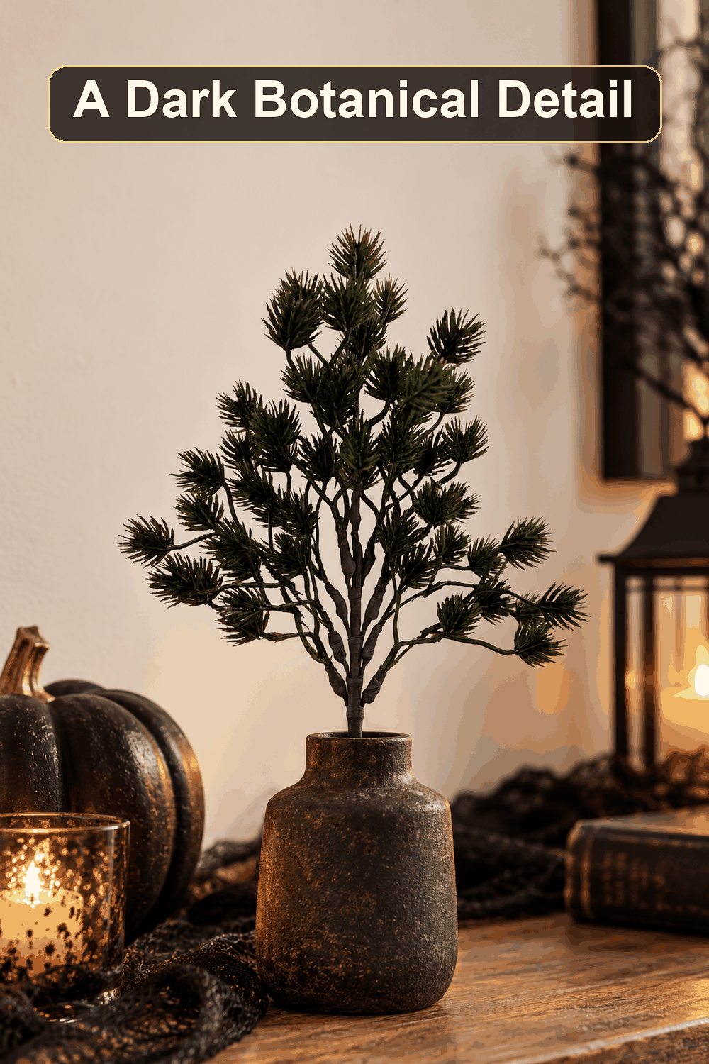 Styled Halloween home scene featuring the Black Heather Pick, 10", with the words A Dark Botanical Detail in a dark banner above.