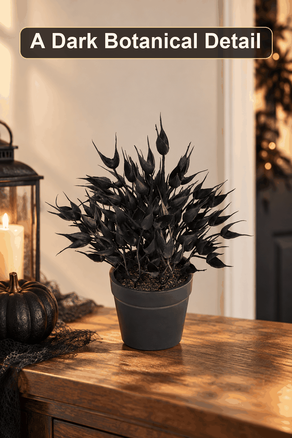 Styled Halloween home scene featuring the Black Oat Arrangement, 9", with the words A Dark Botanical Detail in a dark banner above.