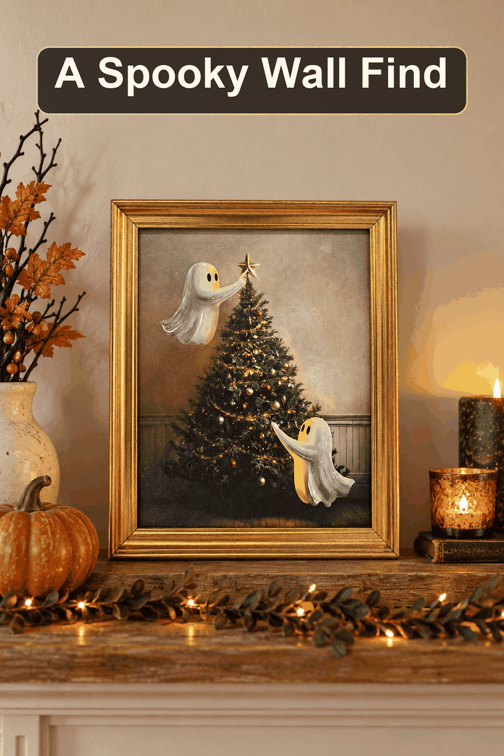 Styled Halloween home scene featuring the Decorating Ghosts Wall Art, 10x12, with the words A Spooky Wall Find in a dark banner above.