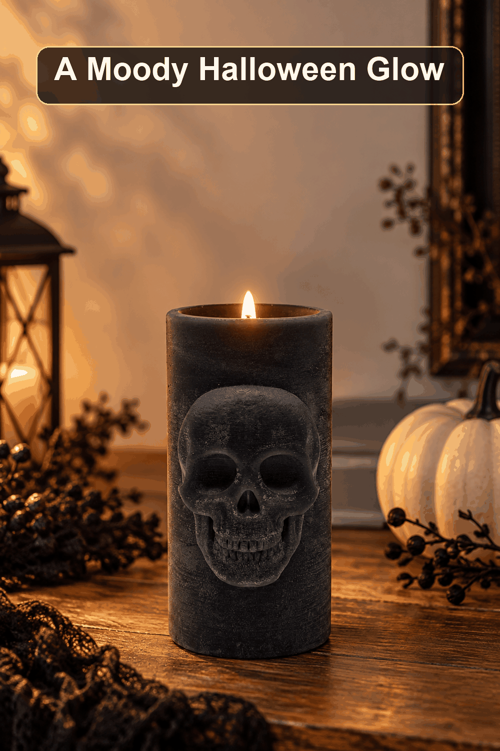 Styled Halloween home scene featuring the Embedded Skull LED Pillar Candle, 6", with the words A Moody Halloween Glow in a dark banner above.