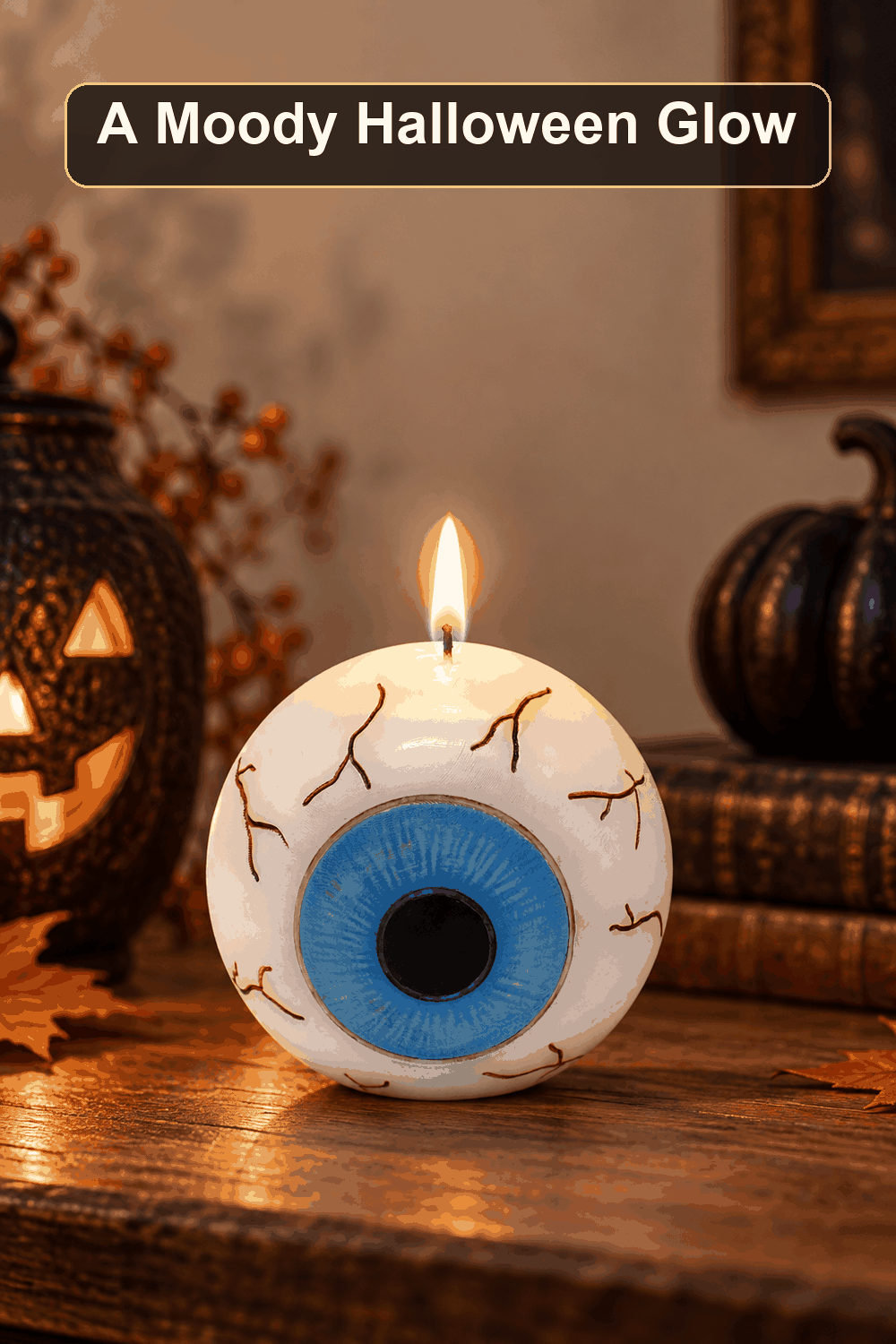 Styled Halloween home scene featuring the Eyeball Bleeder Candle, with the words A Moody Halloween Glow in a dark banner above.