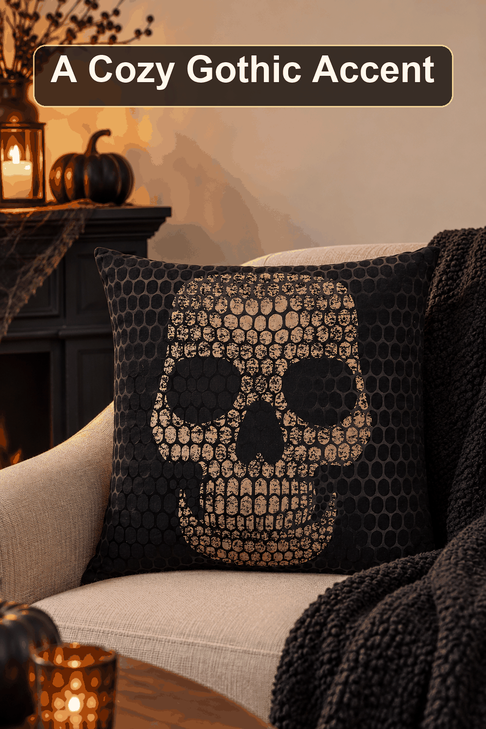Styled Halloween home scene featuring the Gold & Black Skull Throw Pillow, 18", with the words A Cozy Gothic Accent in a dark banner above.