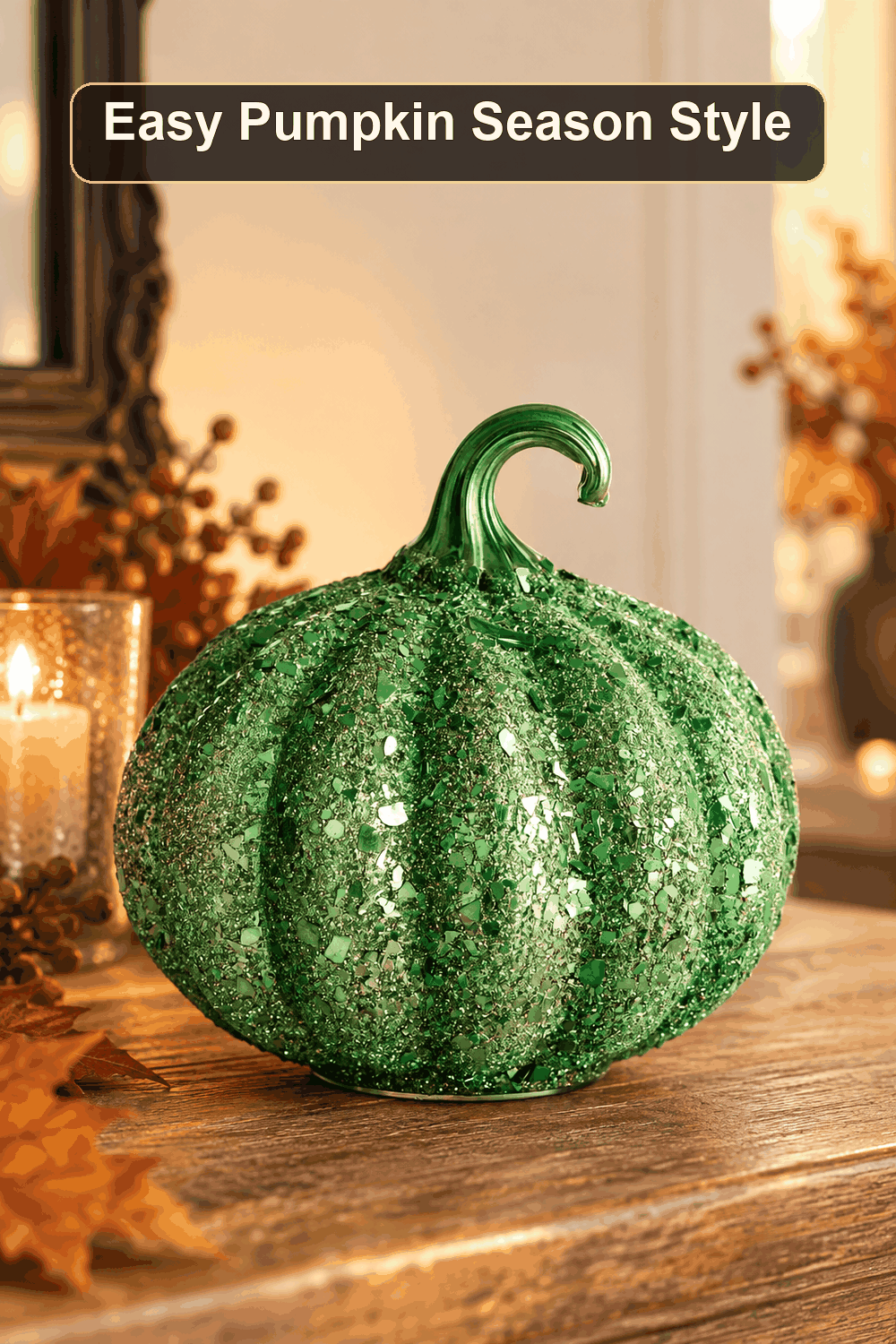 Styled Halloween home scene featuring the Green Glass Pumpkin, 6", with the words Easy Pumpkin Season Style in a dark banner above.