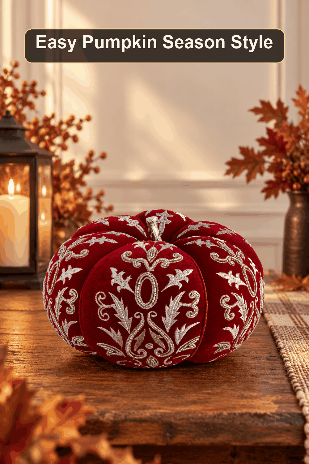 Styled Halloween home scene featuring the Red Printed Fabric Pumpkin, 9.5", with the words Easy Pumpkin Season Style in a dark banner above.