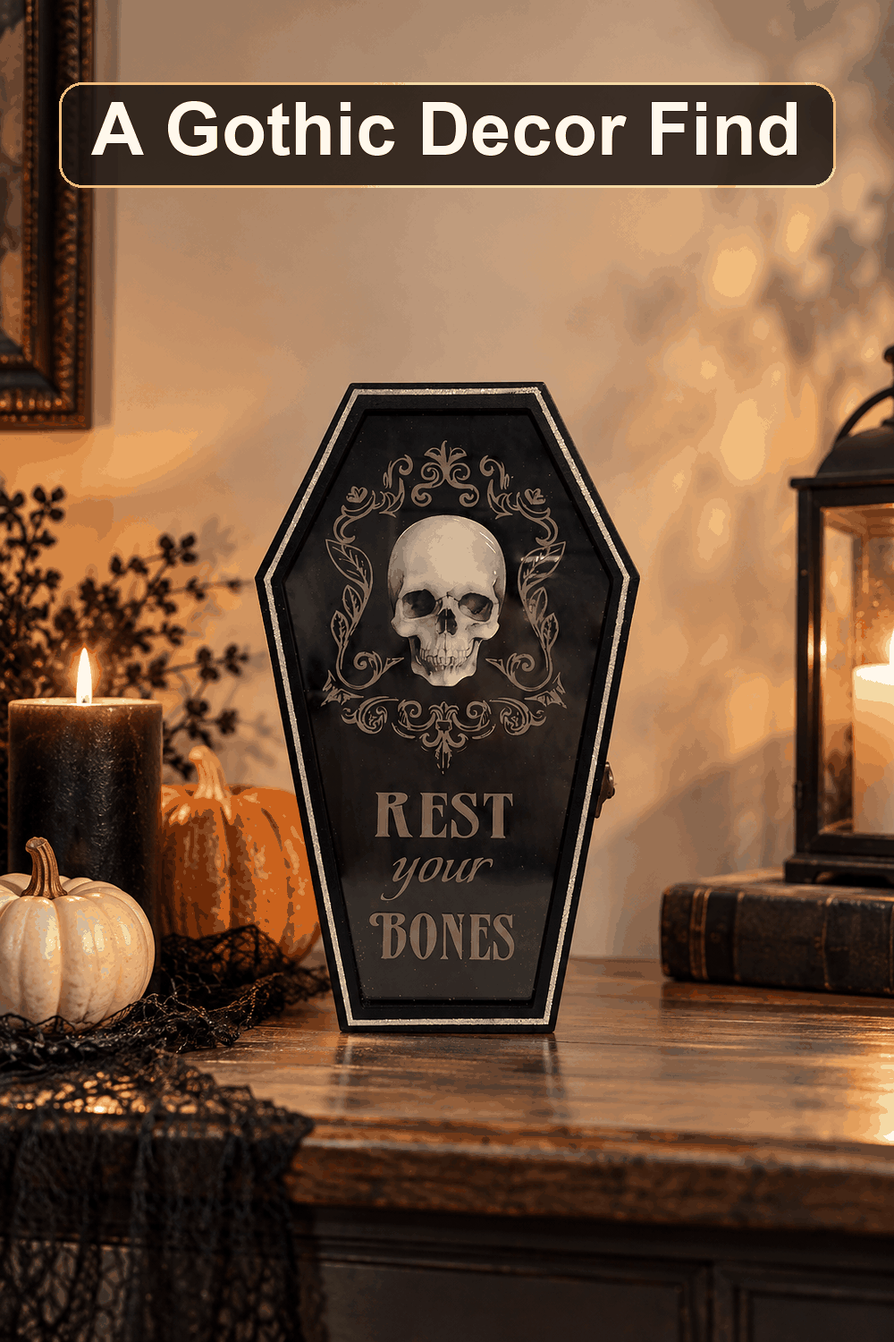Styled Halloween home scene featuring the Rest Your Bones Tombstone Decor, 12", with the words A Gothic Decor Find in a dark banner above.