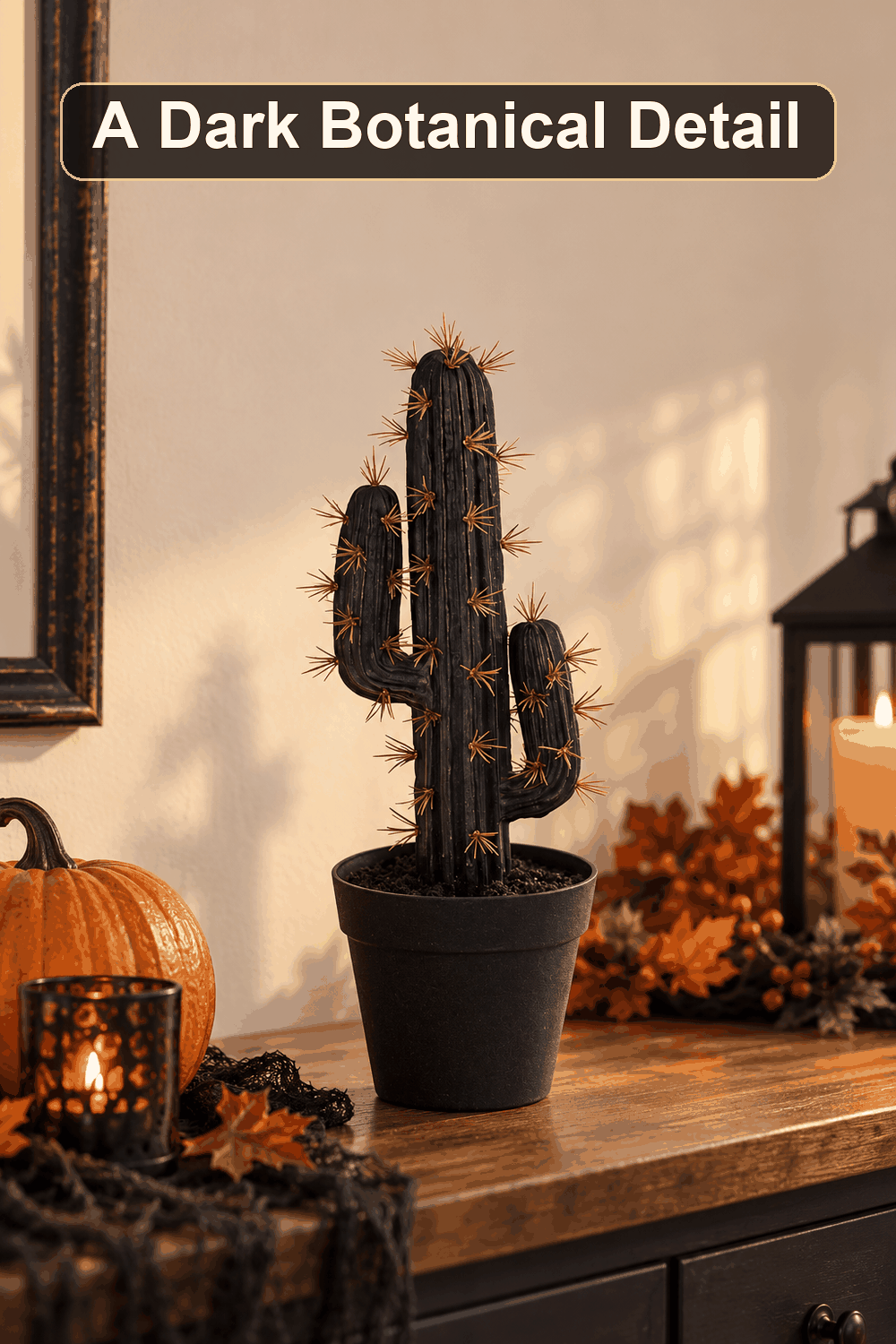 Styled Halloween home scene featuring the Saguaro Cactus Arrangement, 15.5", with the words A Dark Botanical Detail in a dark banner above.