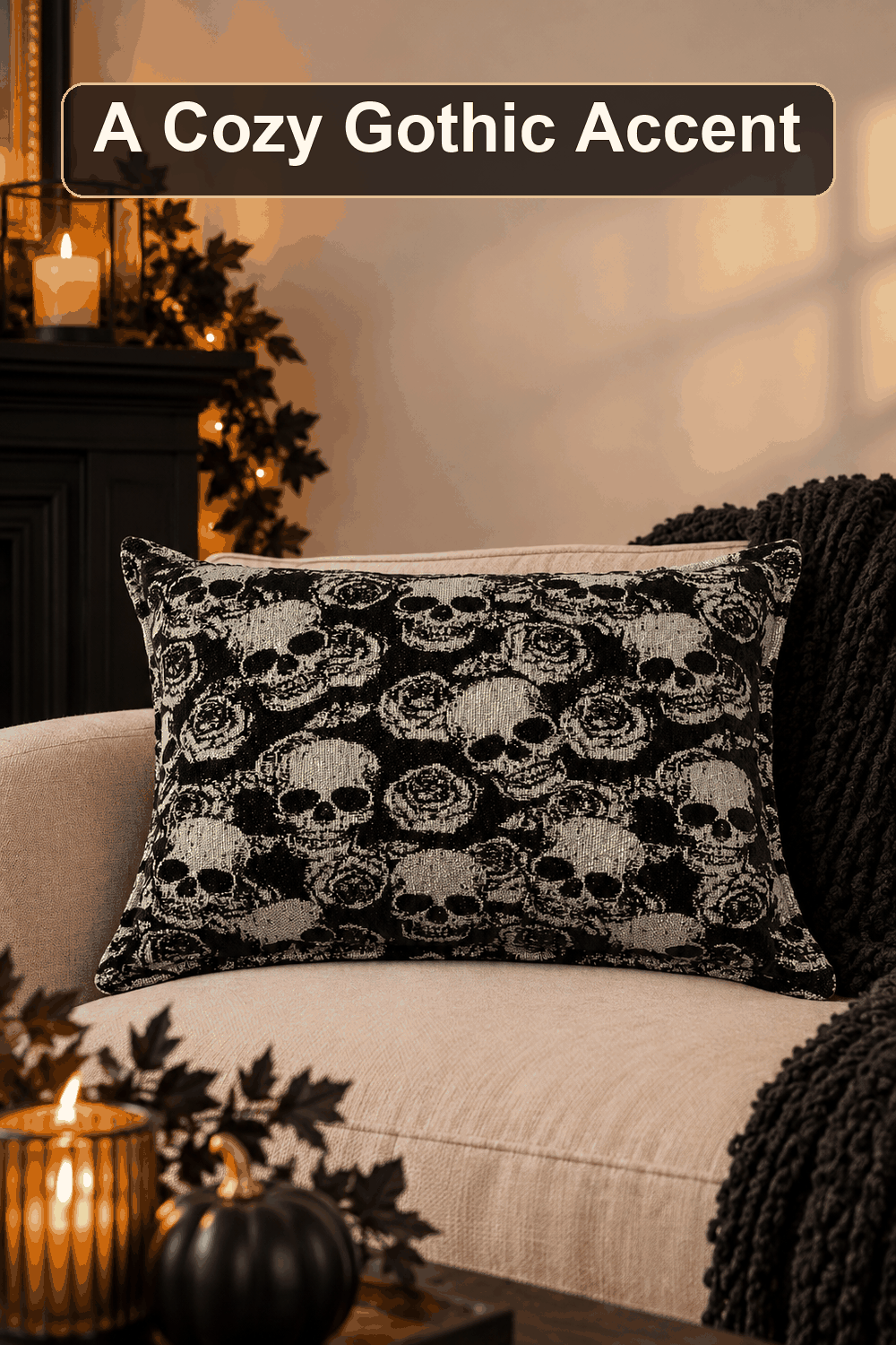 Styled Halloween home scene featuring the Skull Jacquard Throw Pillow, 14x20, with the words A Cozy Gothic Accent in a dark banner above.
