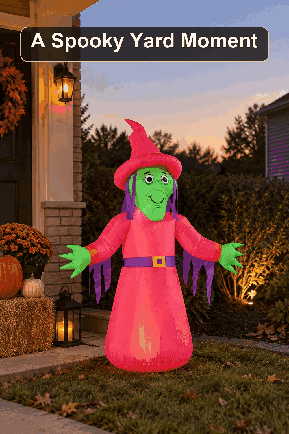 Styled Halloween home scene featuring the Inflatable Pink Witch, 4', with the words A Spooky Yard Moment in a dark banner above.