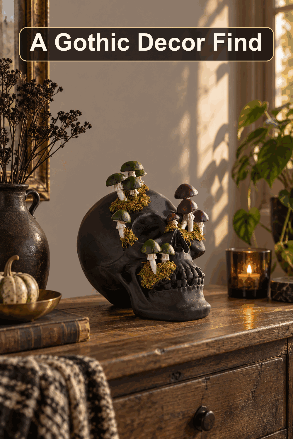 Styled Halloween home scene featuring the Skull with Mushrooms, 9.5", with the words A Gothic Decor Find in a dark banner above.
